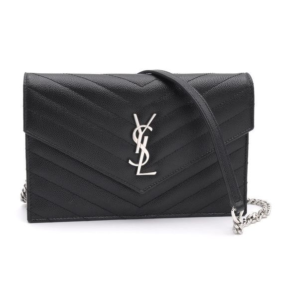 Saint Laurent Shoulder Chain Envelope Black Clutch Leather Bag Wallet - Picture 1 of 6